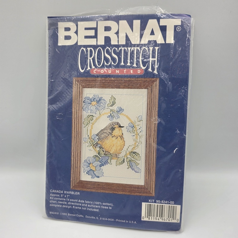 Vtg Bernat‎ Counted Cross Stitch Canada Warbler 5"x 7" Bird Blue Yellow 95424100